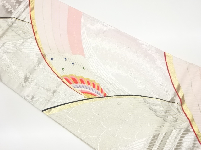 変わり孔雀羽根に梅模様織出し袋帯